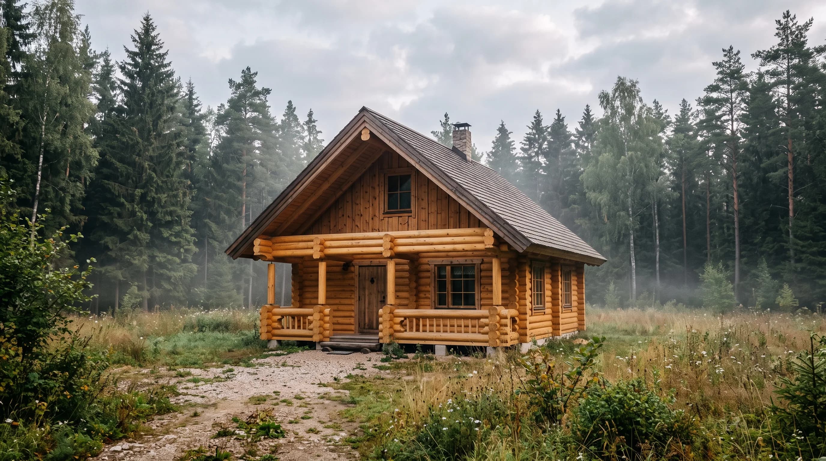 Käsitööna ehitatud palkmaja eesti metsaservas, mesikarva palgid ja viilkatus