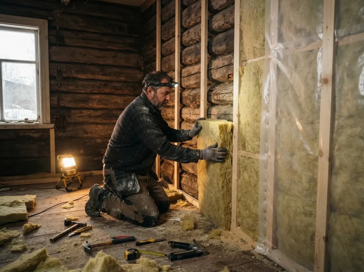 Meister paigaldab soojustusvatti vana palkseina sisekülje ette ehitatud lattide vahele, taustal aurutõkkekile