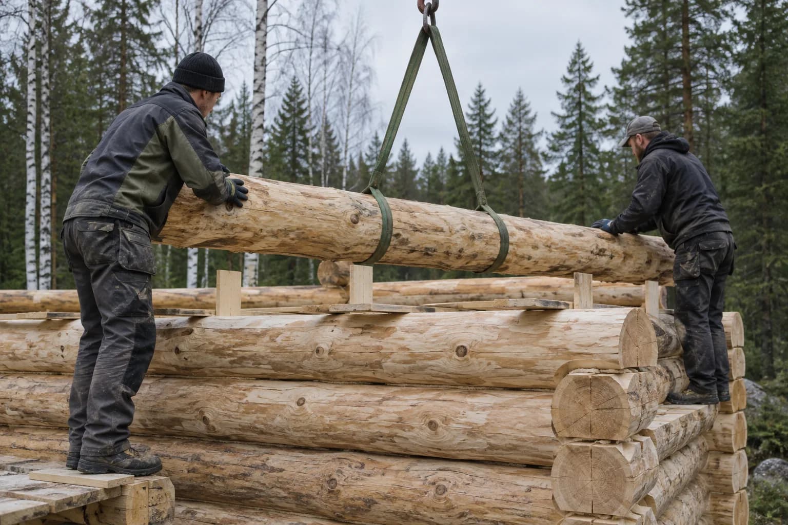 Kaks ehitajat tõstavad kraanarihmaga palki pooleliolevale palkmaja seinale